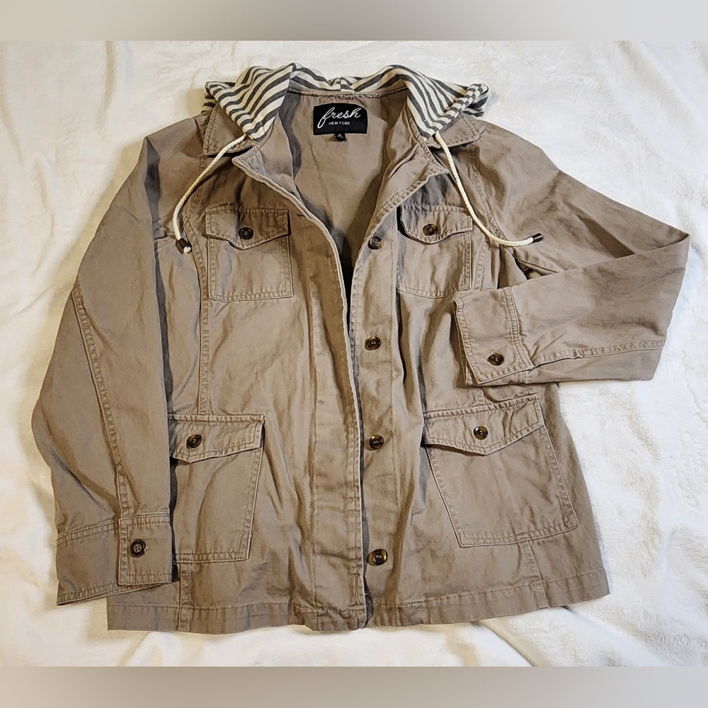 Womens Hooded Utility Jacket‎ By Fresh New York, Pockets, Khaki, Medium